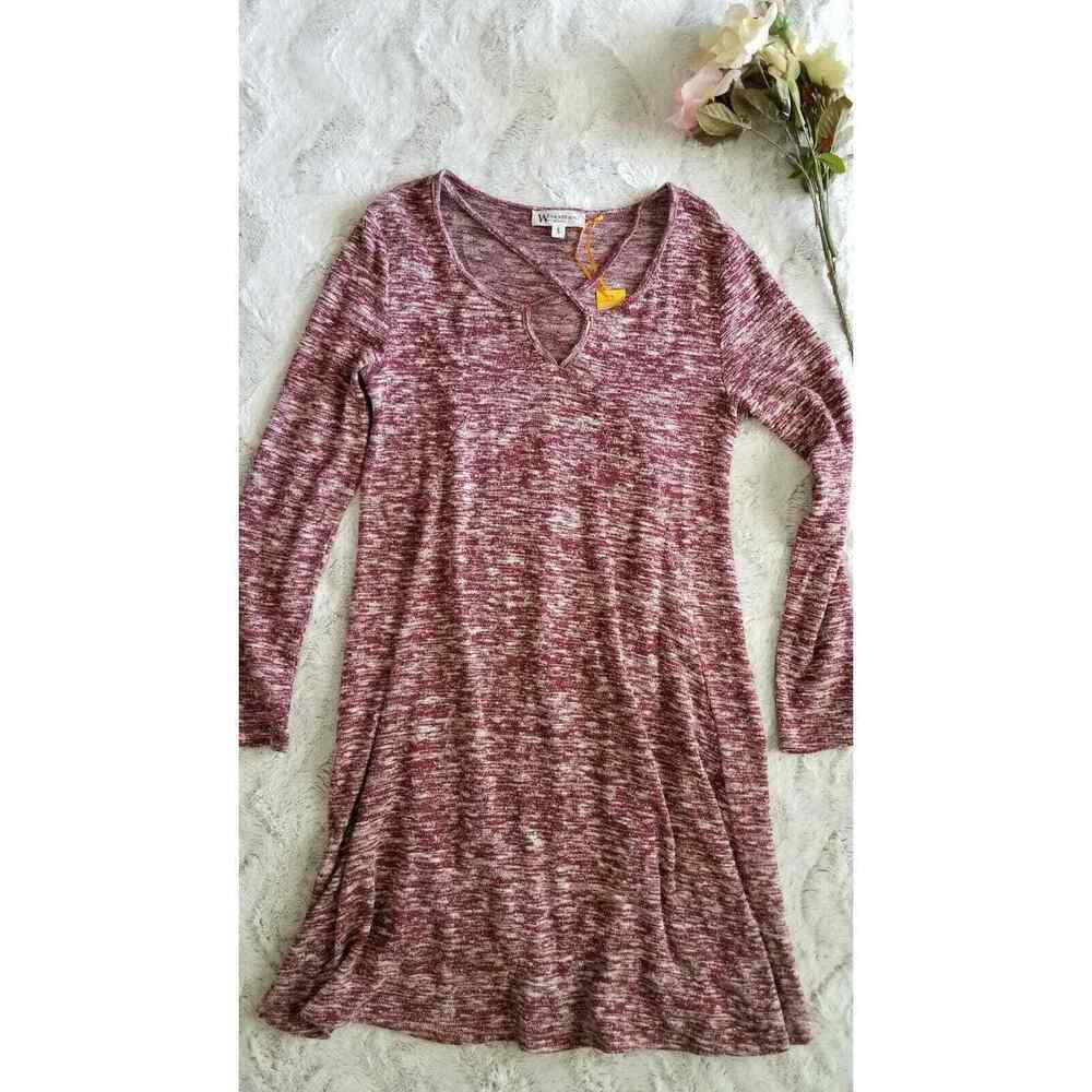 Wonderland by Orange Cozy Red White Knit Fuzzy Lace Neckline Dress Long Sleeve S